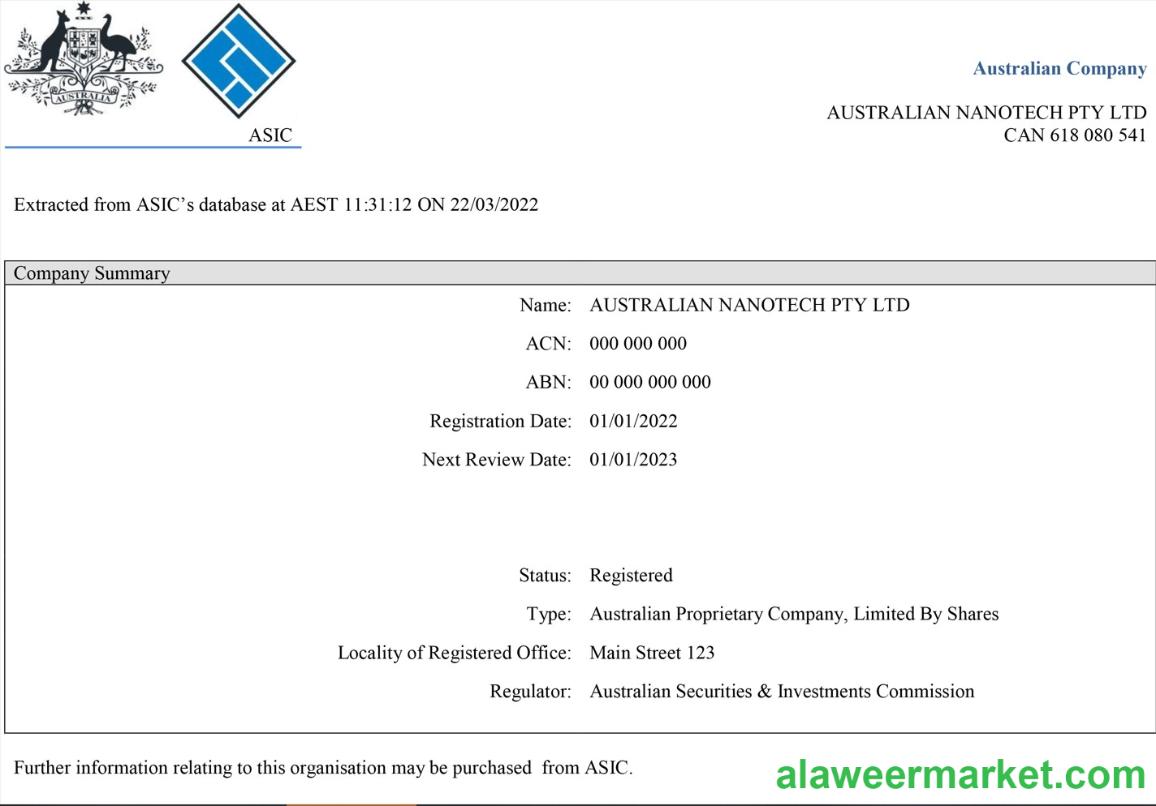 Australian Securities and Investments Commission’s (ASIC) Certificate of Company Registration 2